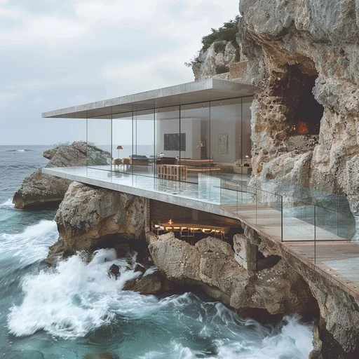 Coastal luxury home with large glass windows